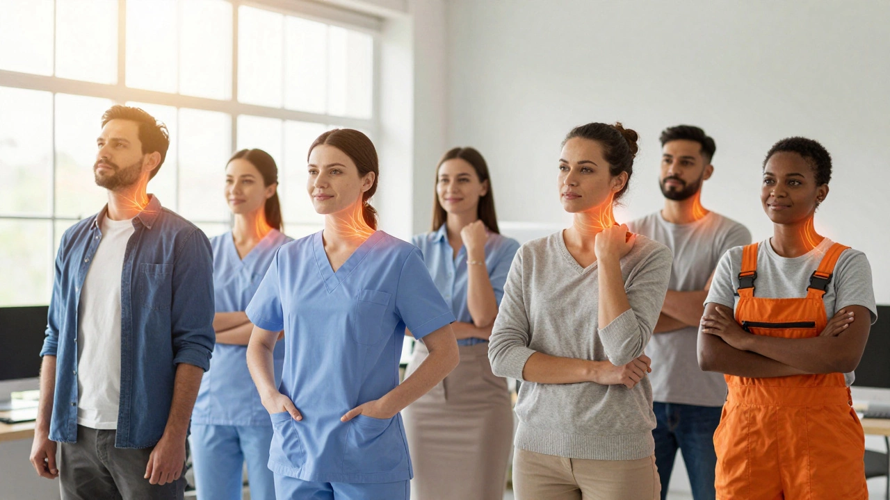 Diverse professionals standing tall, tension dissolving from their bodies as they work confidently.