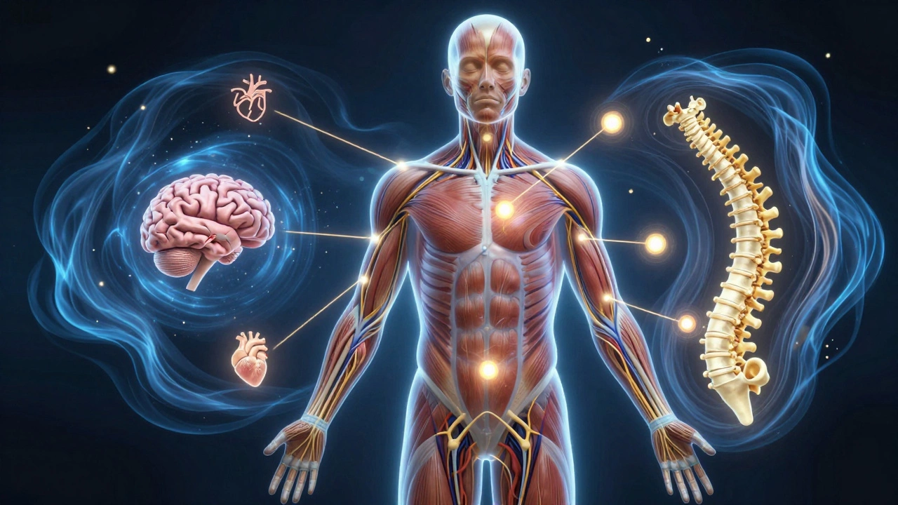 Transparent human silhouette showing muscles and nerves glowing with energy as massage restores balance.